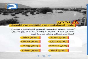 غرفة الطوارئ في تريم تحذر المواطنين من سيول جارفة في عدة أودية