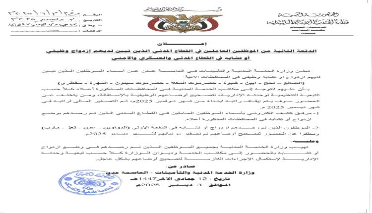 الخدمة المدنية تدعو الموظفين ذوي الازدواج الوظيفي لتصحيح أوضاعهم قبل إيقاف الرواتب