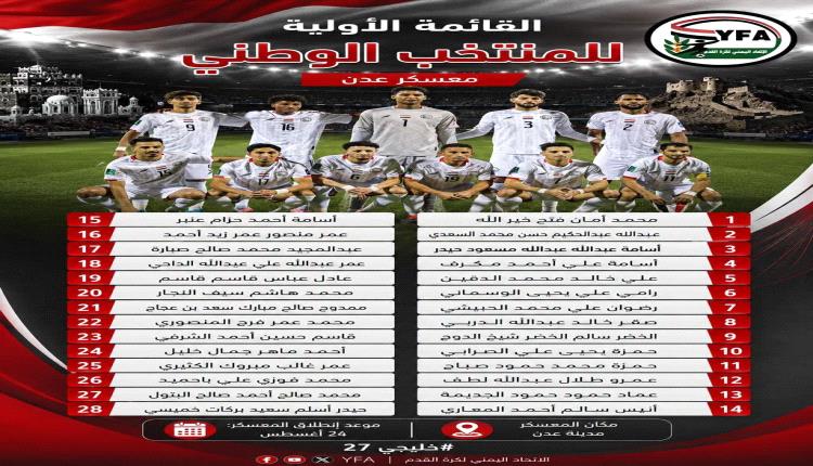 استدعاء 28 لاعباً للقائمة الأولية للمنتخب الوطني استعداداً لخليجي 27.