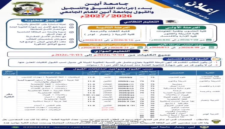 جامعة أبين تعلن بدء إجراءات التنسيق والتسجيل والقبول للعام الجامعي 2026-2027م