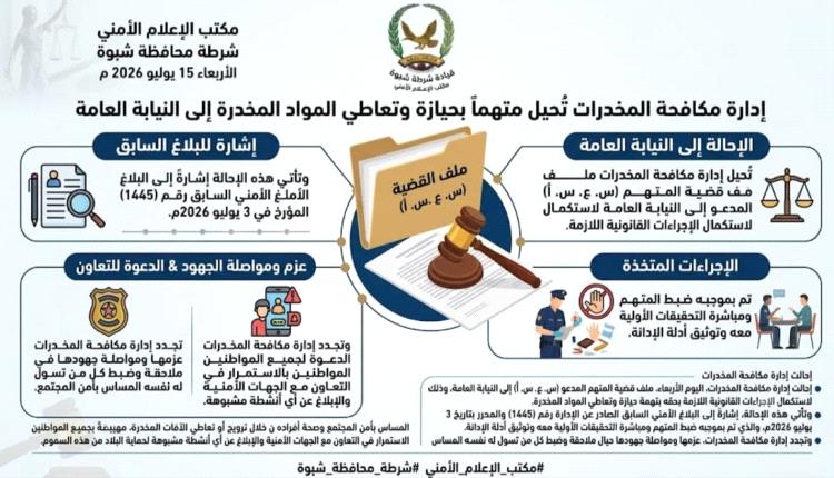 إدارة مكافحة المخدرات تُحيل متهماً بحيازة وتعاطي المواد المخدرة إلى النيابة العامة