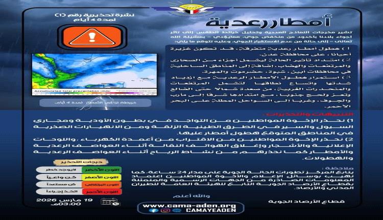 الأرصاد تحذر من أمطار رعدية غزيرة في العاصمة عدن وعدد من المحافظات
