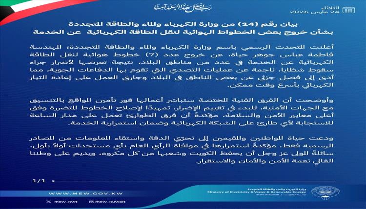 الكويت تعلن تعطّل خطوط كهرباء إثر هجوم إيراني مفاجئ