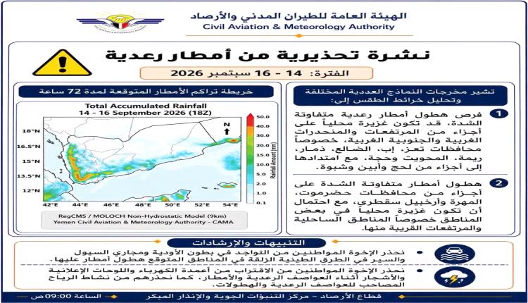 الأرصاد تحذر من أمطار رعدية غزيرة في عدد من المحافظات خلال الثلاثة الأيام القادمة
