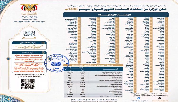 وزارة الأوقاف والإرشاد تعلن أسماء المنشآت المعتمدة لتفويج حجاج موسم 1448هـ وتحدد أسعار البرامج